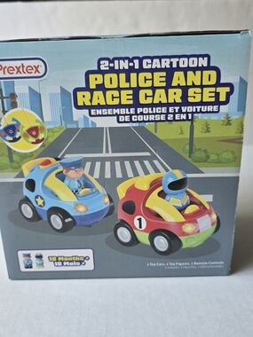 Prextex 2-in-1 Cartoon Police and Race Car Set - Blue & Red